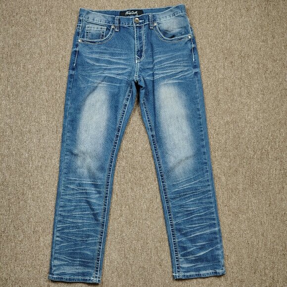 TRUE LUCK Jeans Men's 32x32 Blue Cotton Blend Stretch Big Stitch Whiskered - Picture 1 of 8